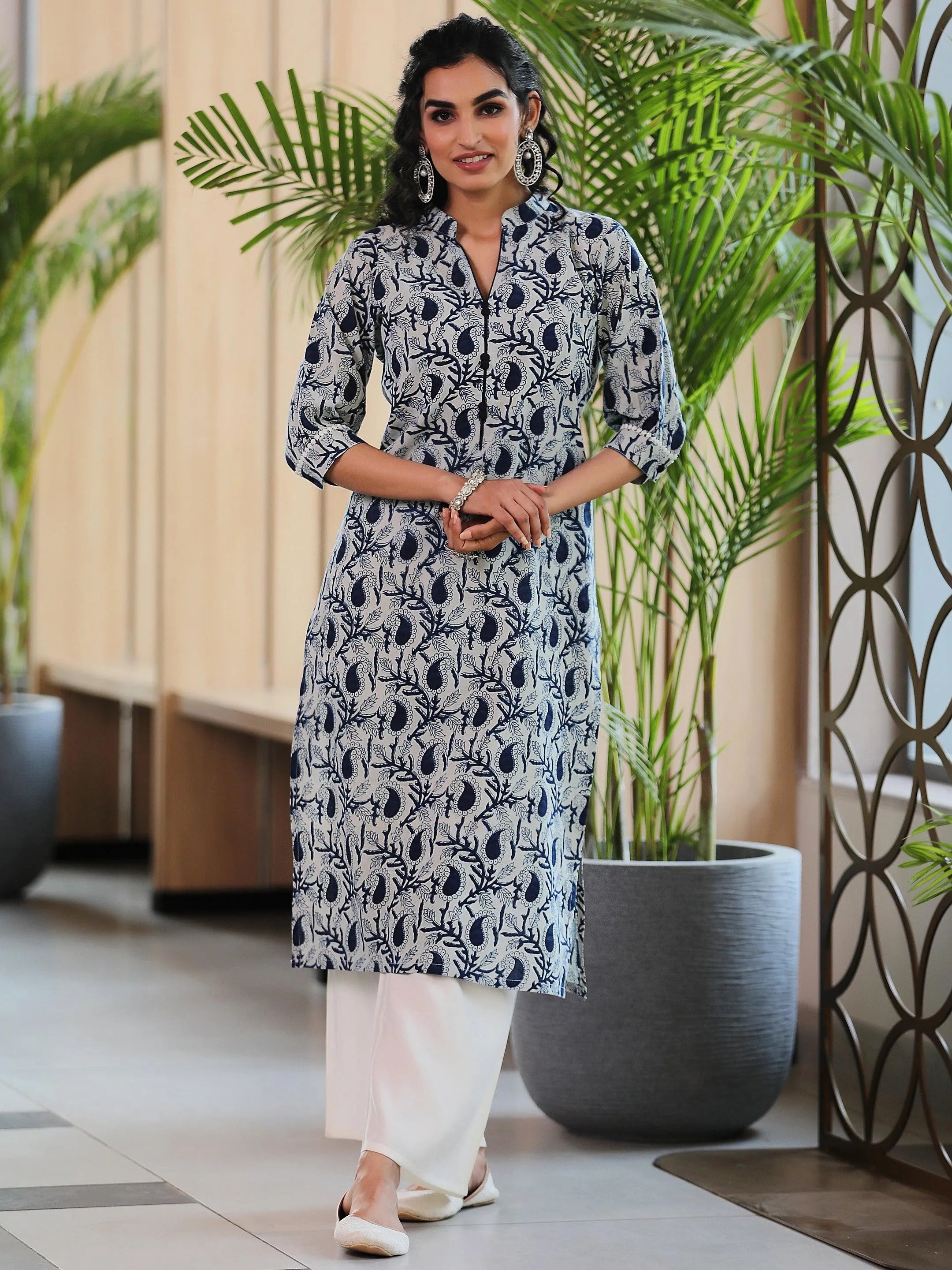 Blue Printed Cotton Straight Kurta