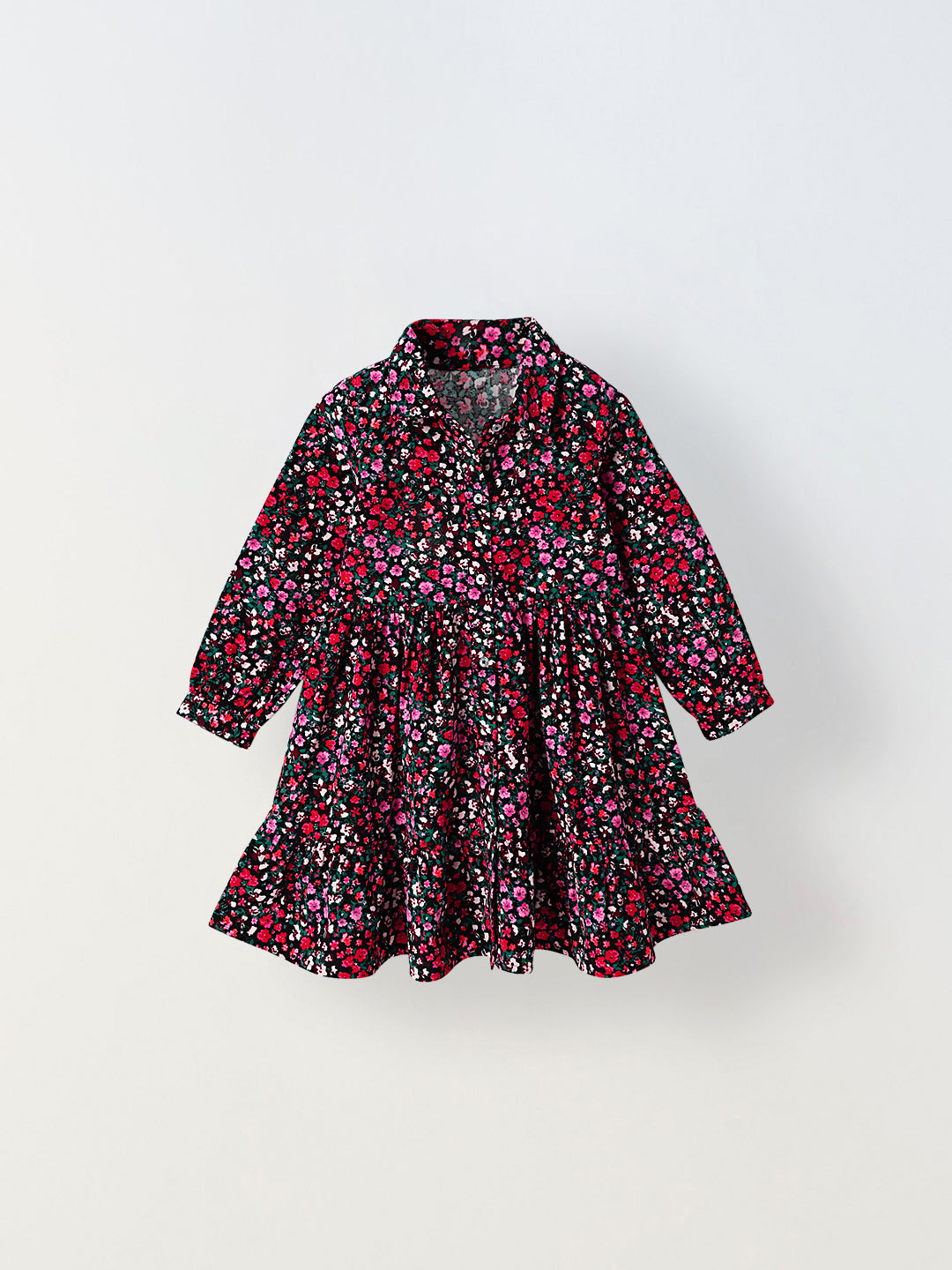 Girls Navy Blue Collar Neck Long Sleeve Floral Print Dress
