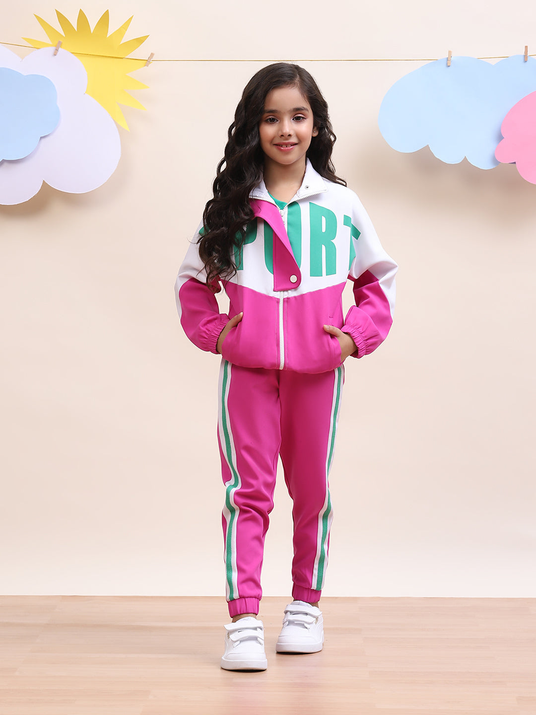 Girls Colorblock Pink & White Sport Tracksuit Set