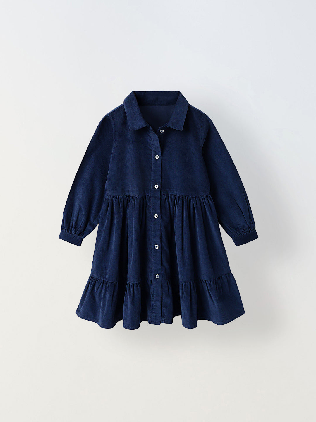 Girls Navy Collar Neck Corduroy Solid Dress