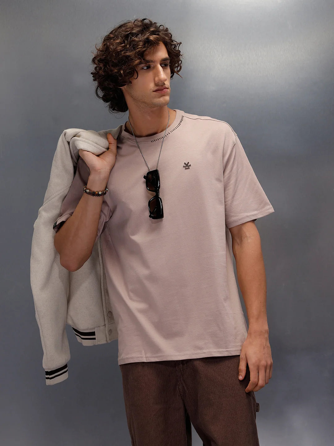 Thread-Detailed Crew Neck Oversized Tee With Back Print | Brown