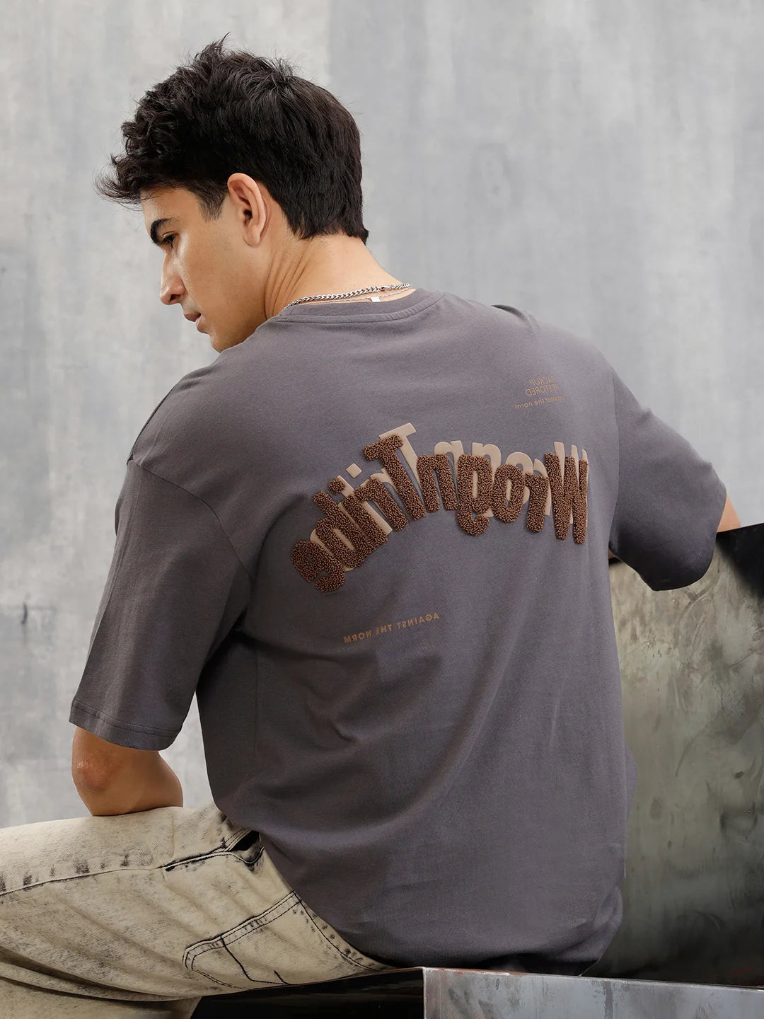 Embroidered & Printed Oversized T-Shirt | Dark Grey