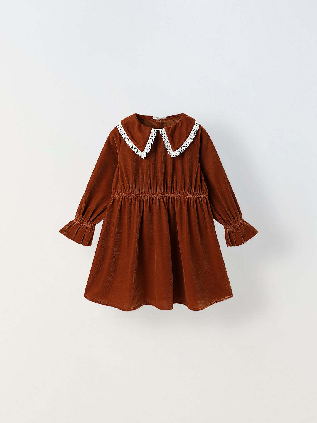Girls Brown Velvet Party Dress with Lace Collar