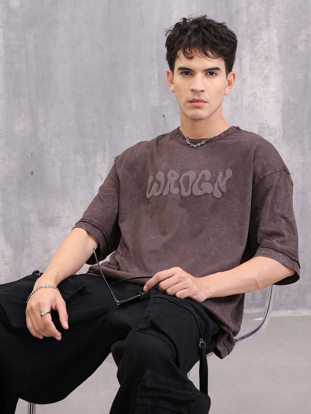 Acid Wash Puff Print Oversized Fit T-Shirt With Raw Edge Detail | Brown