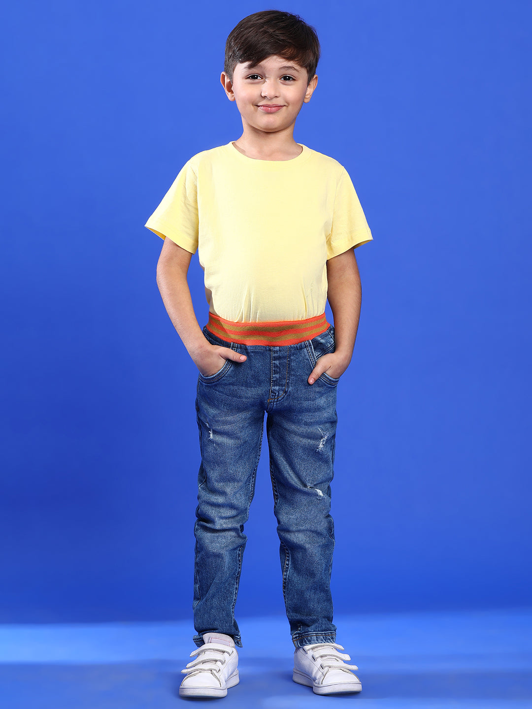 BOYS MID BLUE DENIM CASUAL JOGGERS WITH ORANGE WAISTBAND
