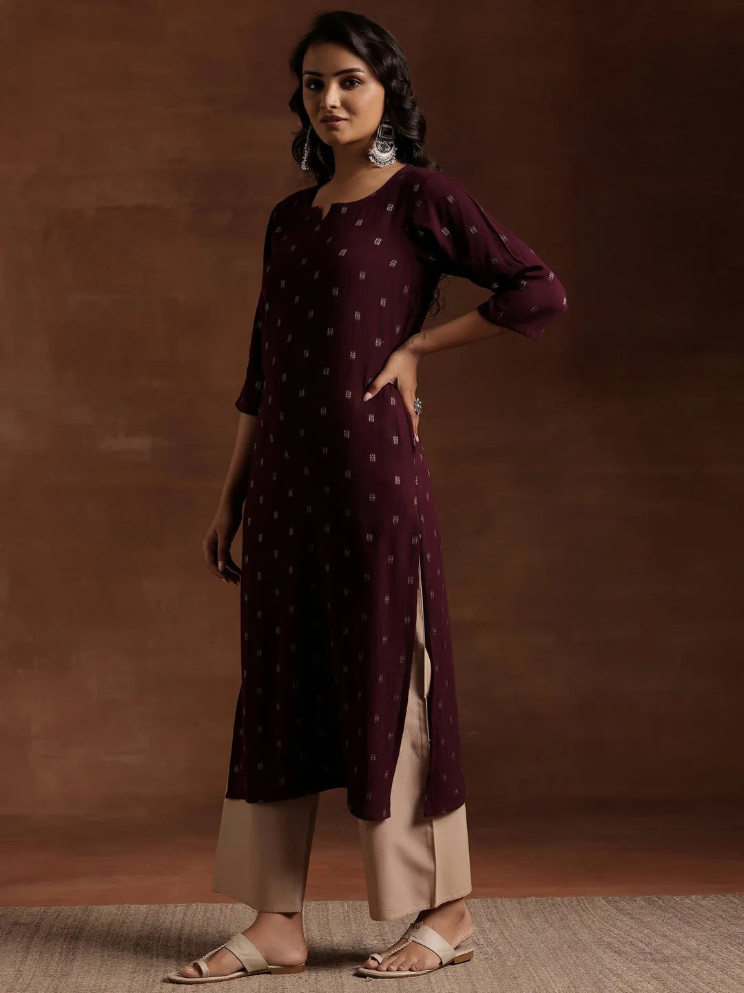 Wine Woven Design Viscose Rayon Straight Kurta