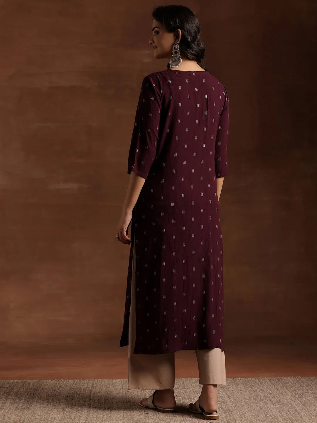 Wine Woven Design Viscose Rayon Straight Kurta