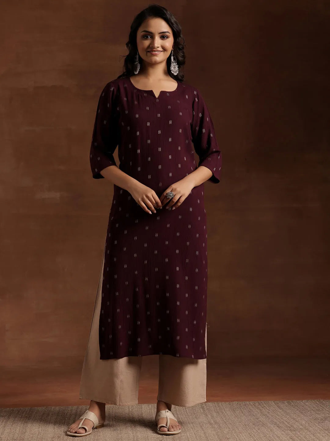 Wine Woven Design Viscose Rayon Straight Kurta