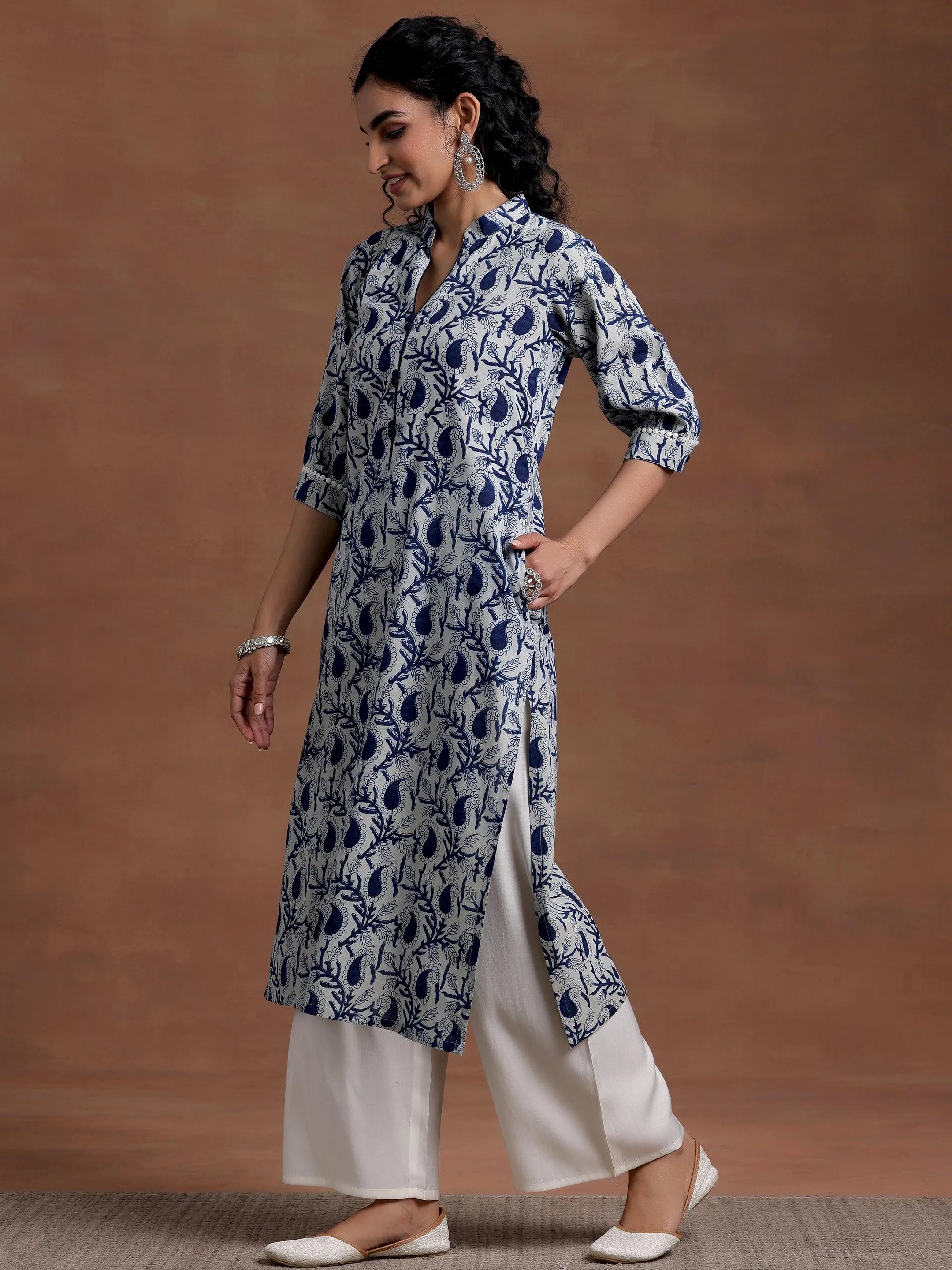 Blue Printed Cotton Straight Kurta
