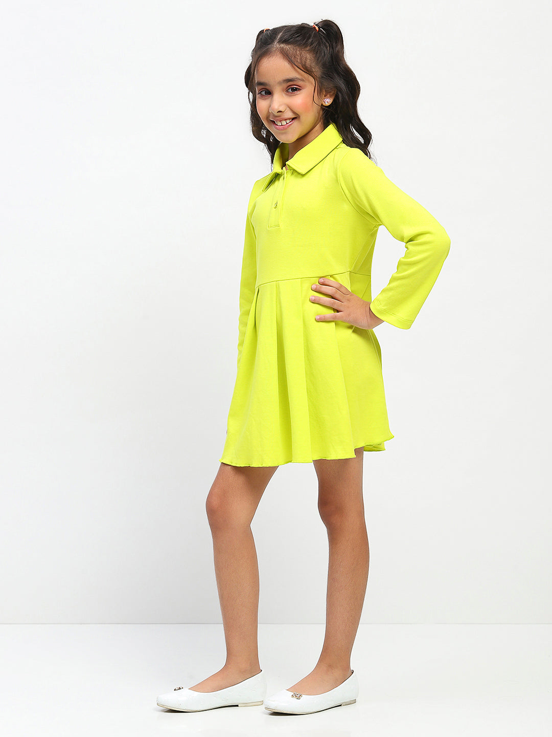 Girls Cotton Lime Green Polo Neck Pleated Dress