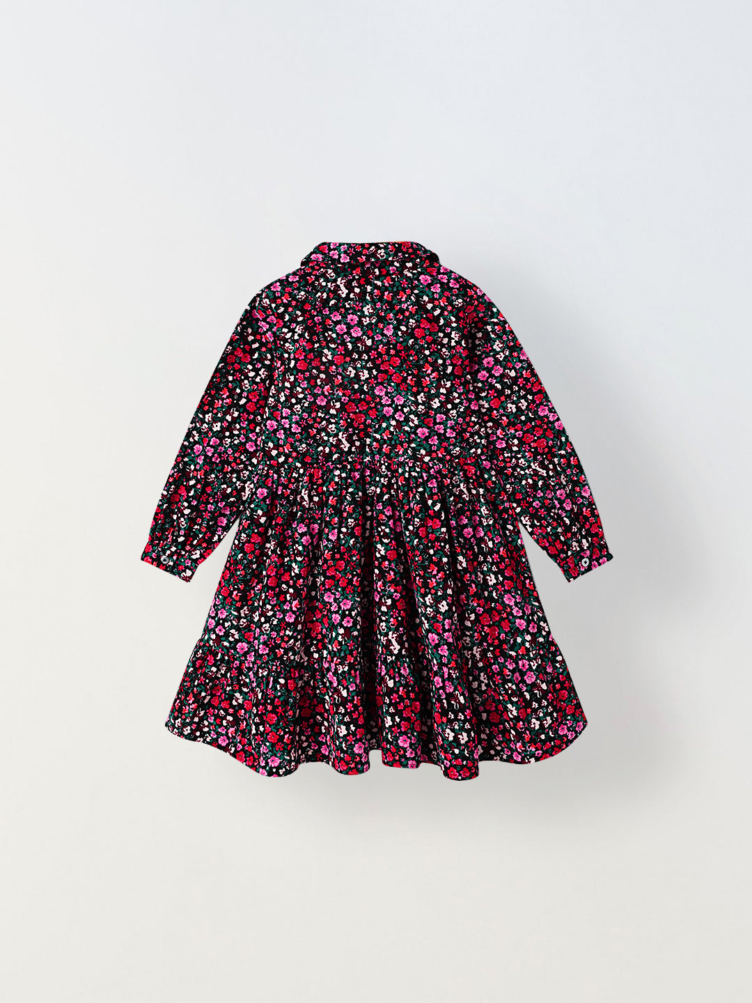 Girls Navy Blue Collar Neck Long Sleeve Floral Print Dress