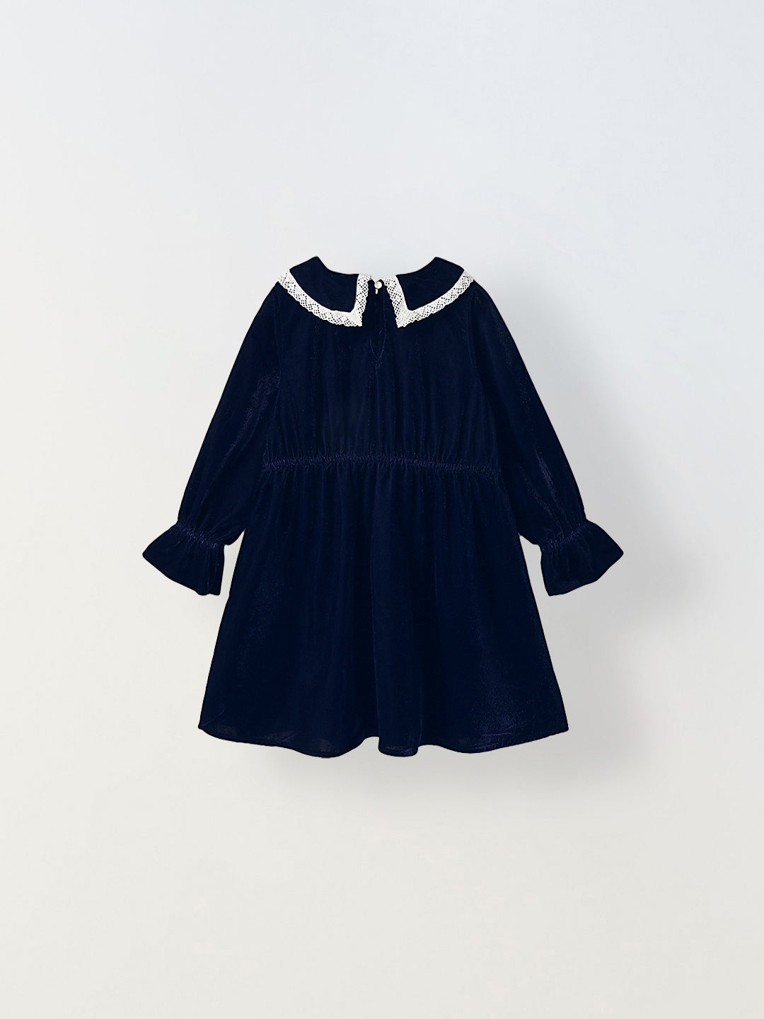 Girls Navy Velvet Party Dress with Lace Collar