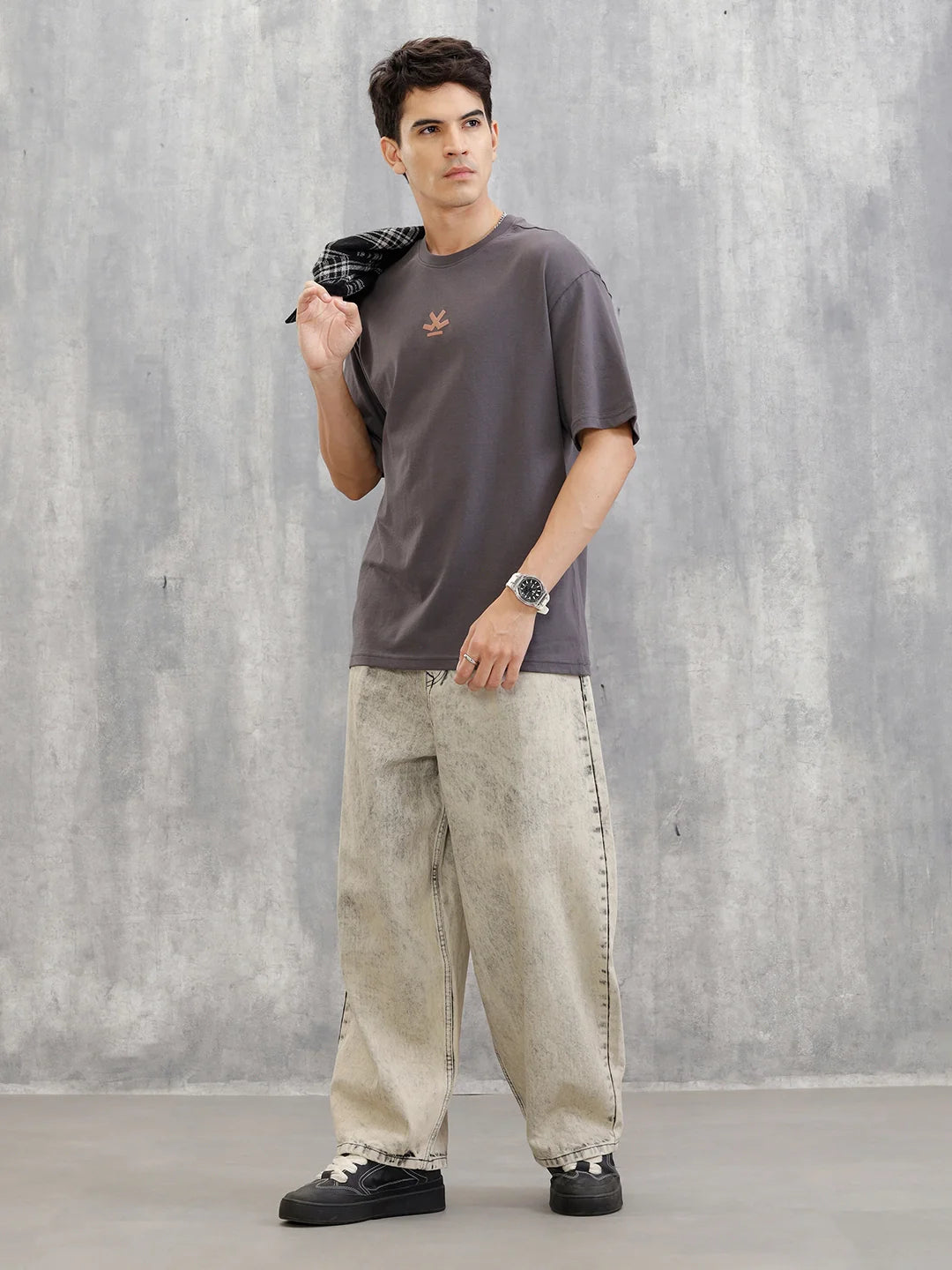 Embroidered & Printed Oversized T-Shirt | Dark Grey