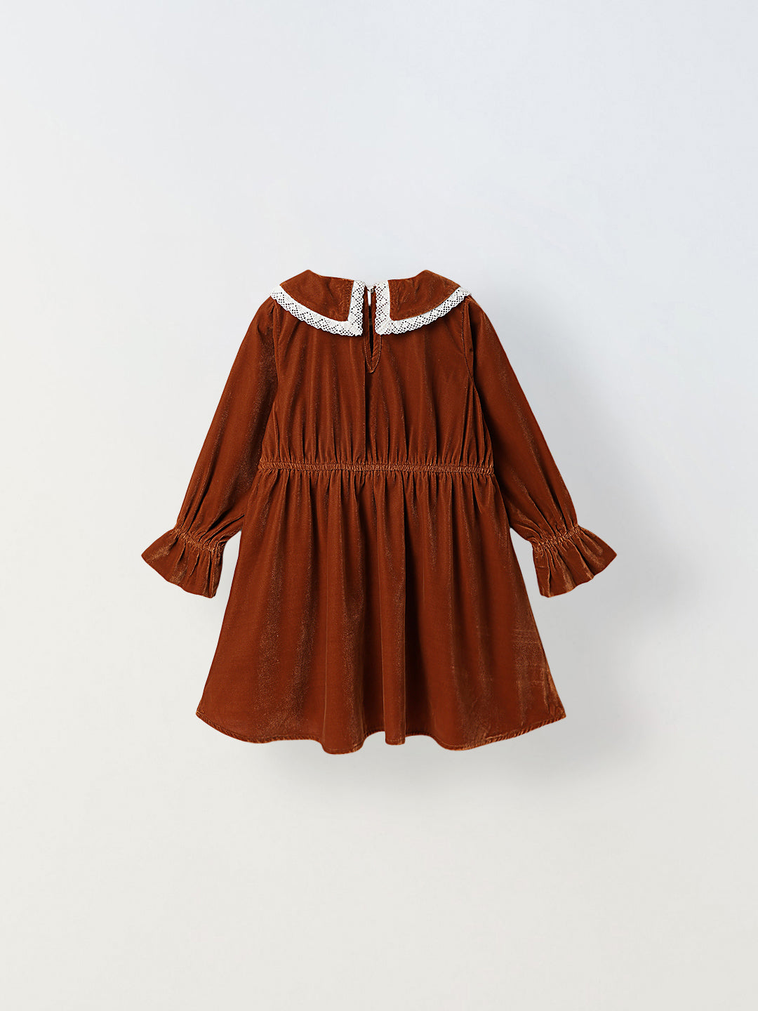 Girls Brown Velvet Party Dress with Lace Collar