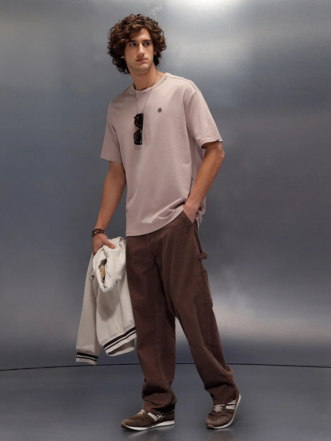 Thread-Detailed Crew Neck Oversized Tee With Back Print | Brown