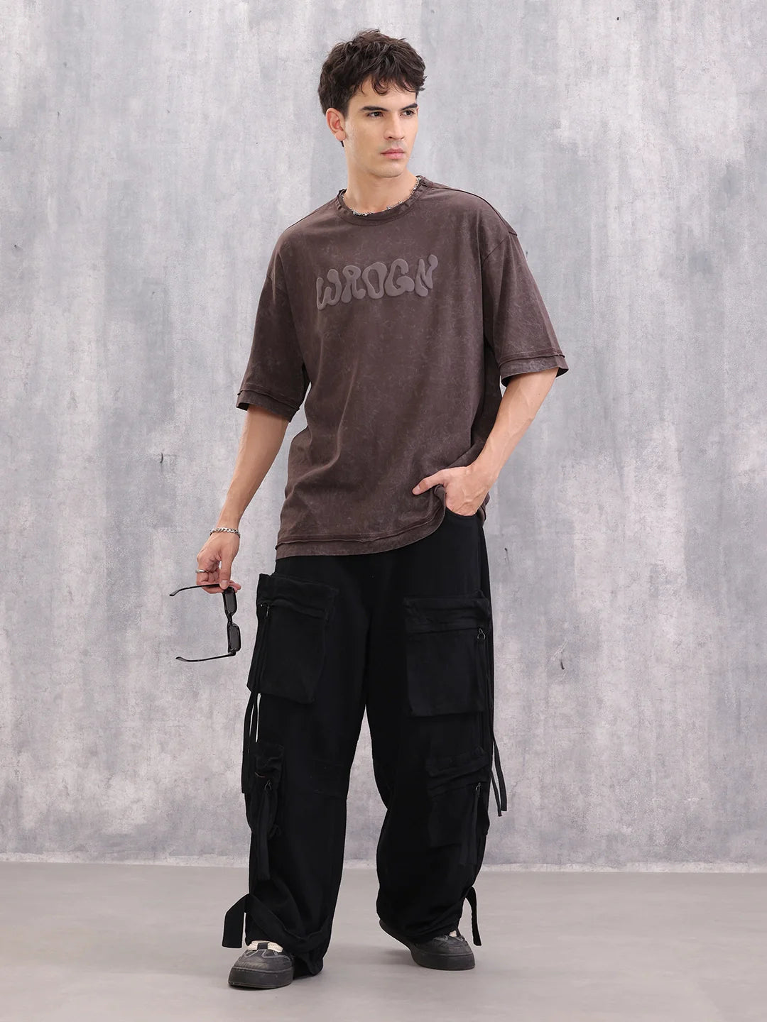 Acid Wash Puff Print Oversized Fit T-Shirt With Raw Edge Detail | Brown