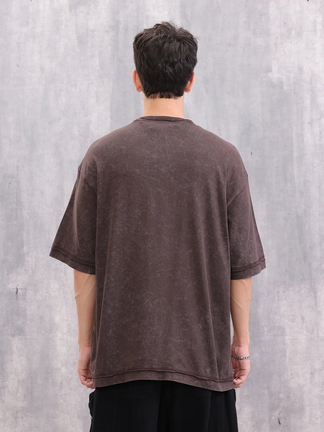 Acid Wash Puff Print Oversized Fit T-Shirt With Raw Edge Detail | Brown