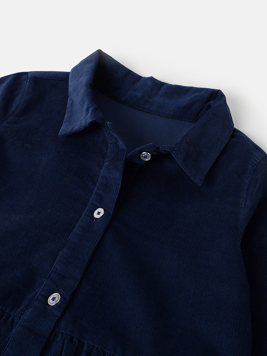 Girls Navy Collar Neck Corduroy Solid Dress