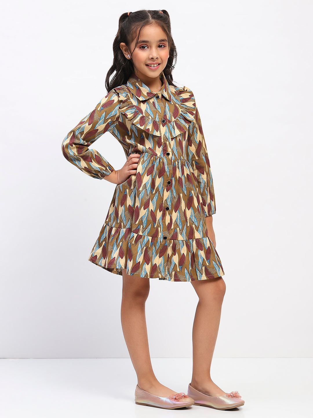 Girls Brown Abstract Print Fit and Flare Dress