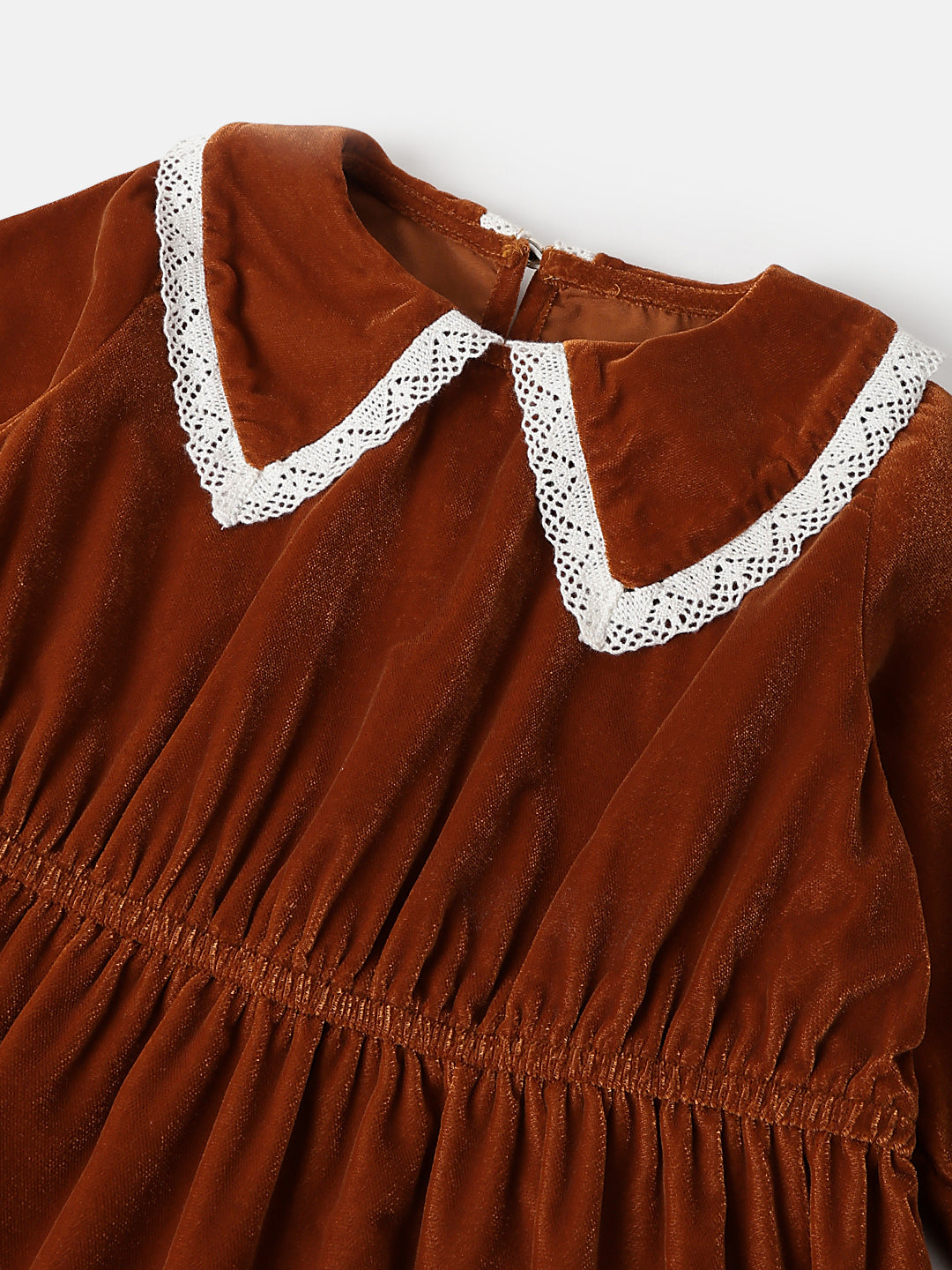 Girls Brown Velvet Party Dress with Lace Collar