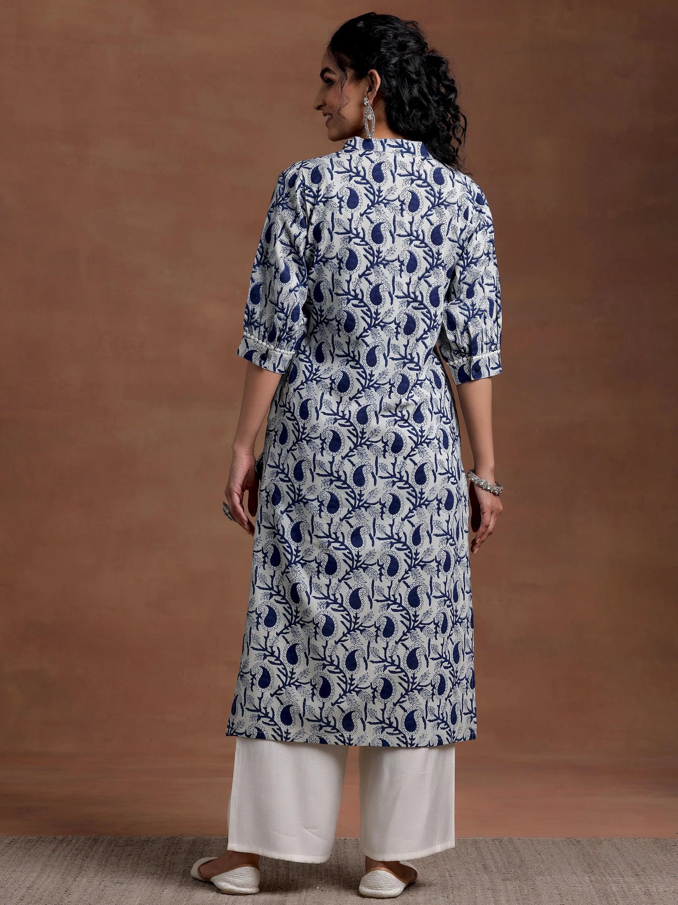 Blue Printed Cotton Straight Kurta