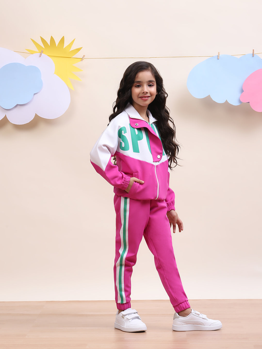 Girls Colorblock Pink & White Sport Tracksuit Set