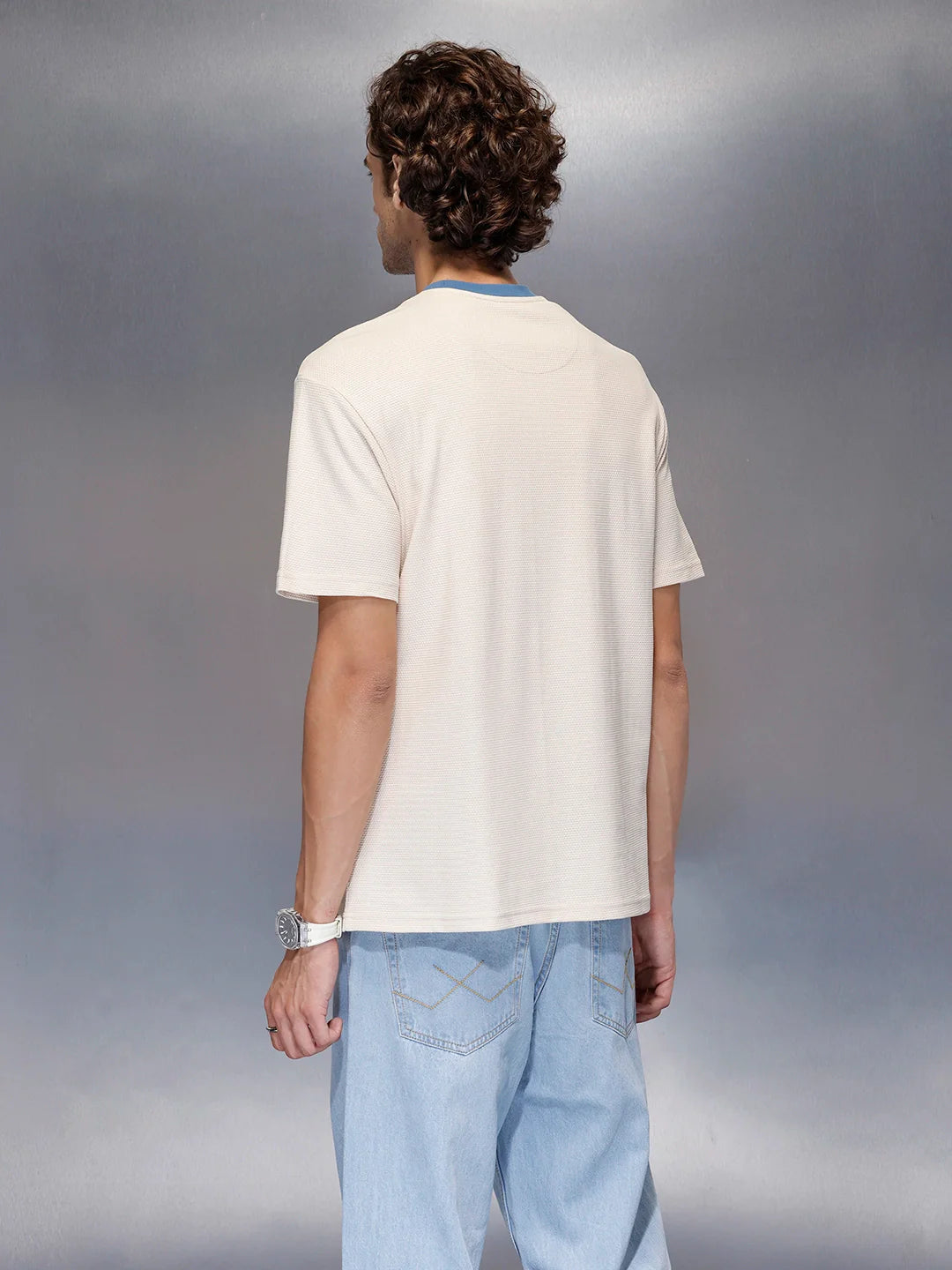 Men’s solid beige casual T-shirt with contrast crew neck | Beige