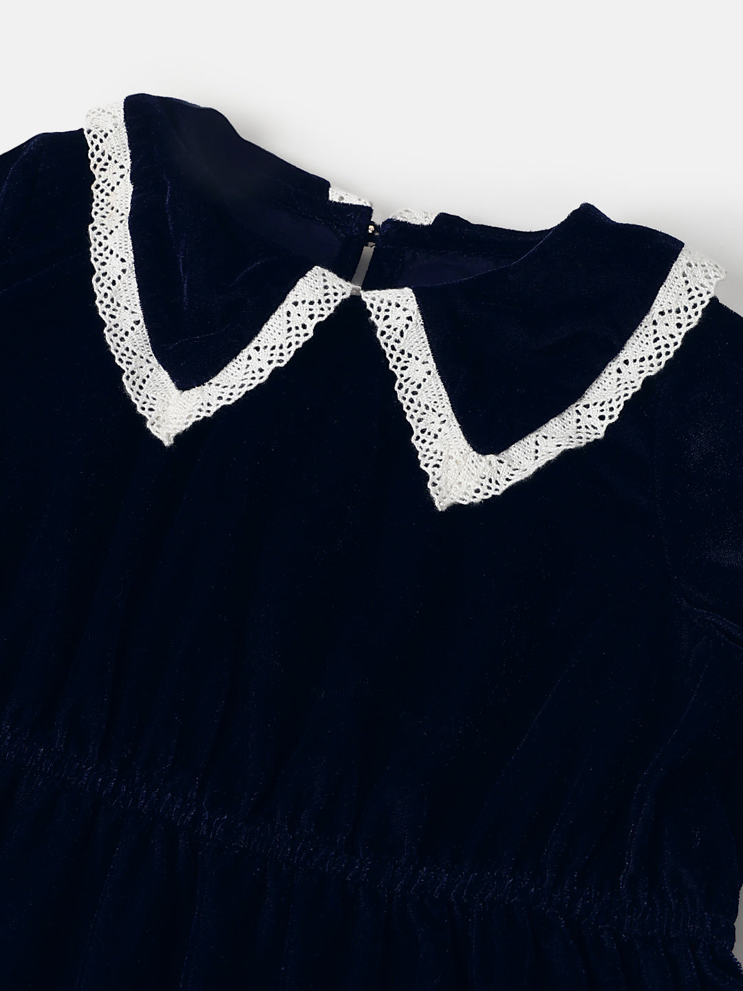 Girls Navy Velvet Party Dress with Lace Collar