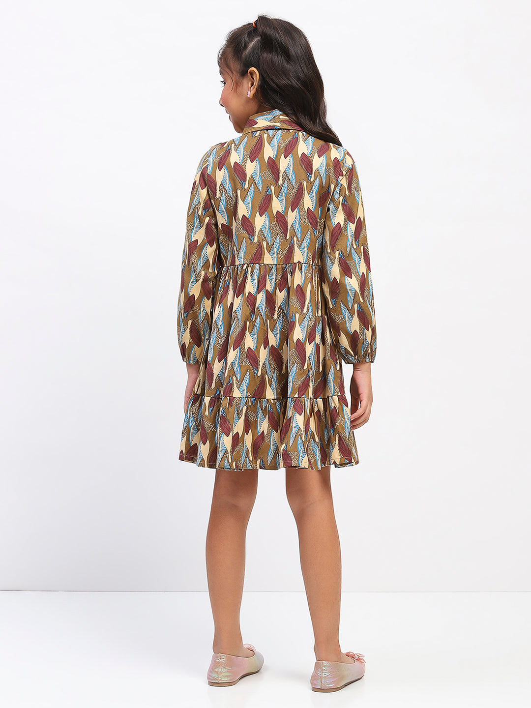 Girls Brown Abstract Print Fit and Flare Dress