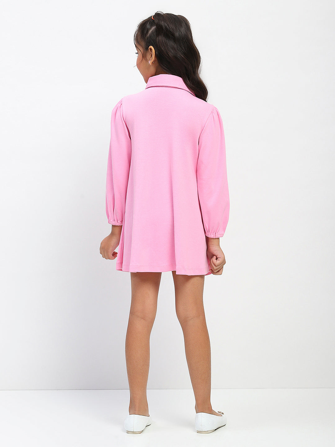 Girls Cotton Pink Polo Neck Pleated Dress
