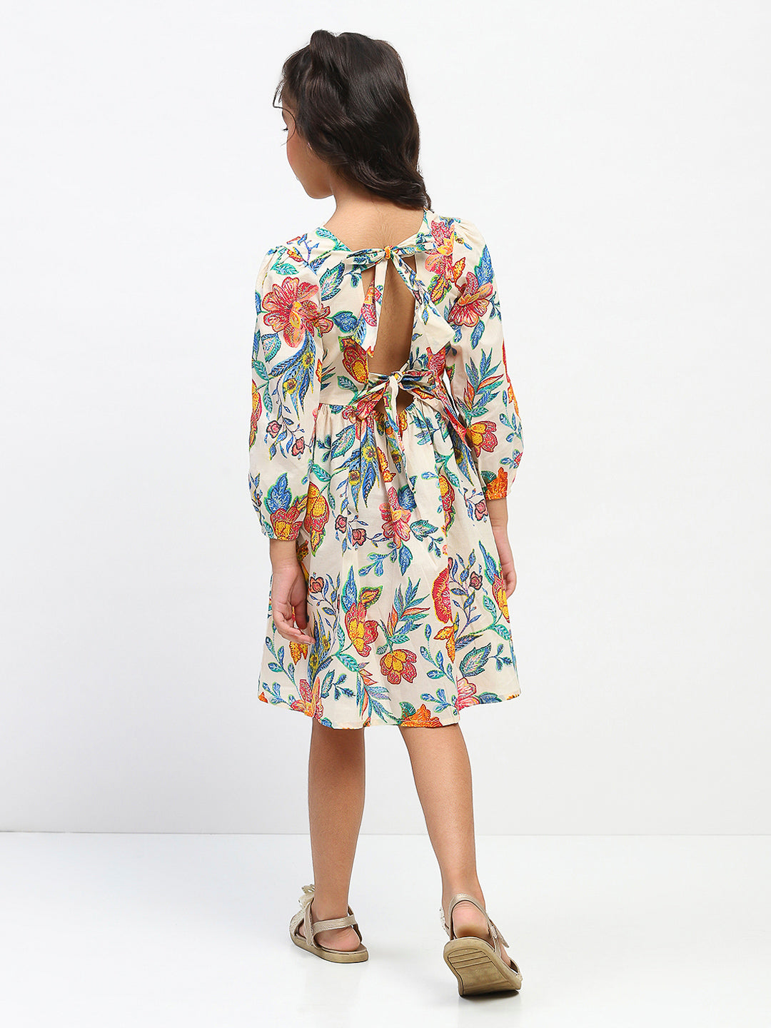 Girls MultiColor Collar Neck Floral Printed Dress