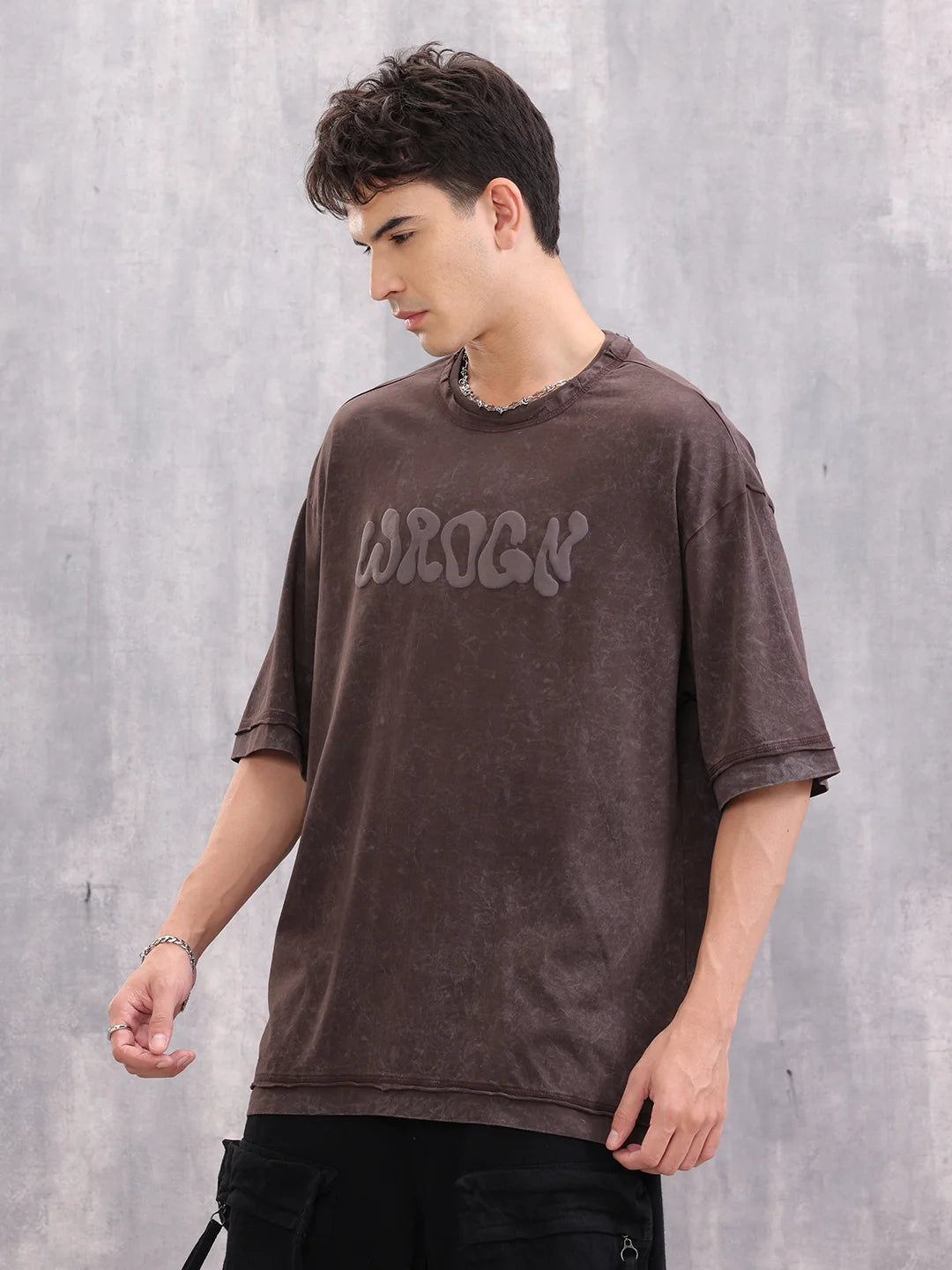 Acid Wash Puff Print Oversized Fit T-Shirt With Raw Edge Detail | Brown