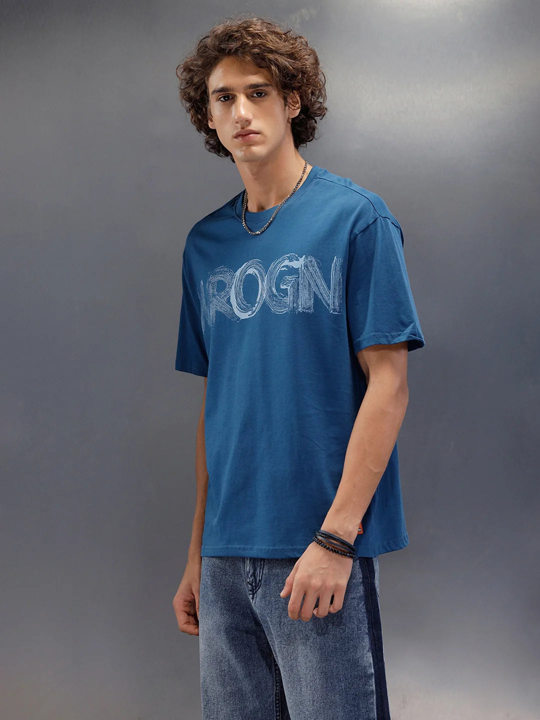 Oversized Fit Graphic Printed Crew Neck T-Shirt | Blue