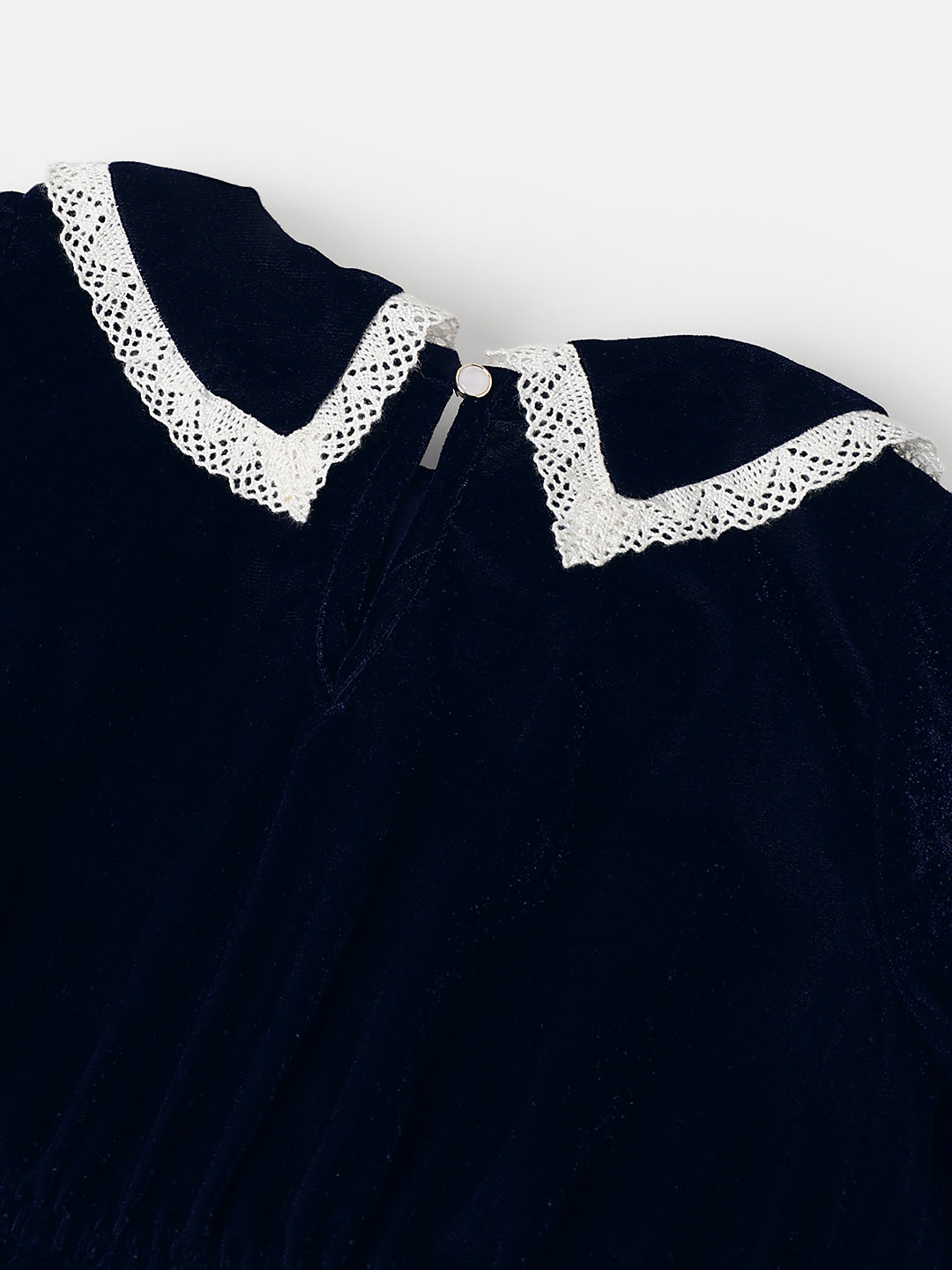Girls Navy Velvet Party Dress with Lace Collar