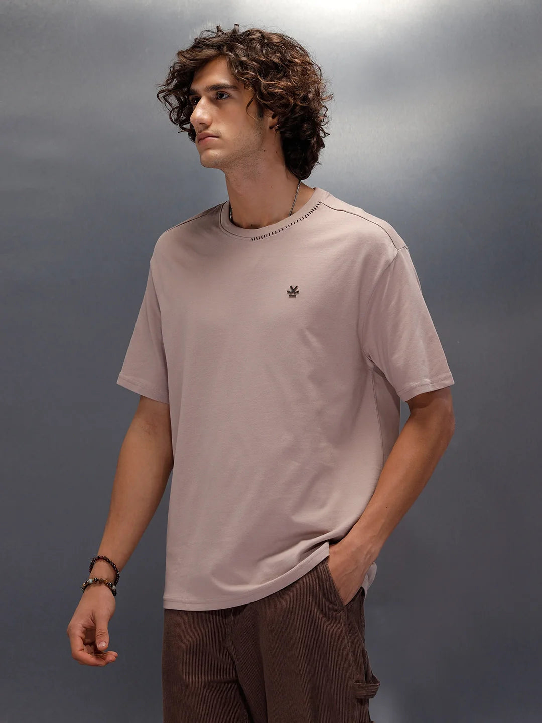 Thread-Detailed Crew Neck Oversized Tee With Back Print | Brown