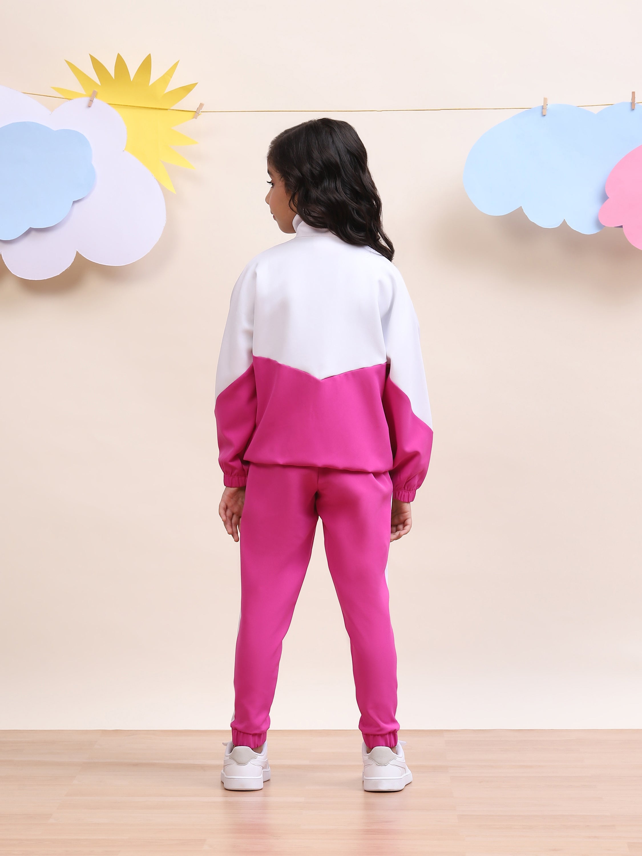 Girls Colorblock Pink & White Sport Tracksuit Set