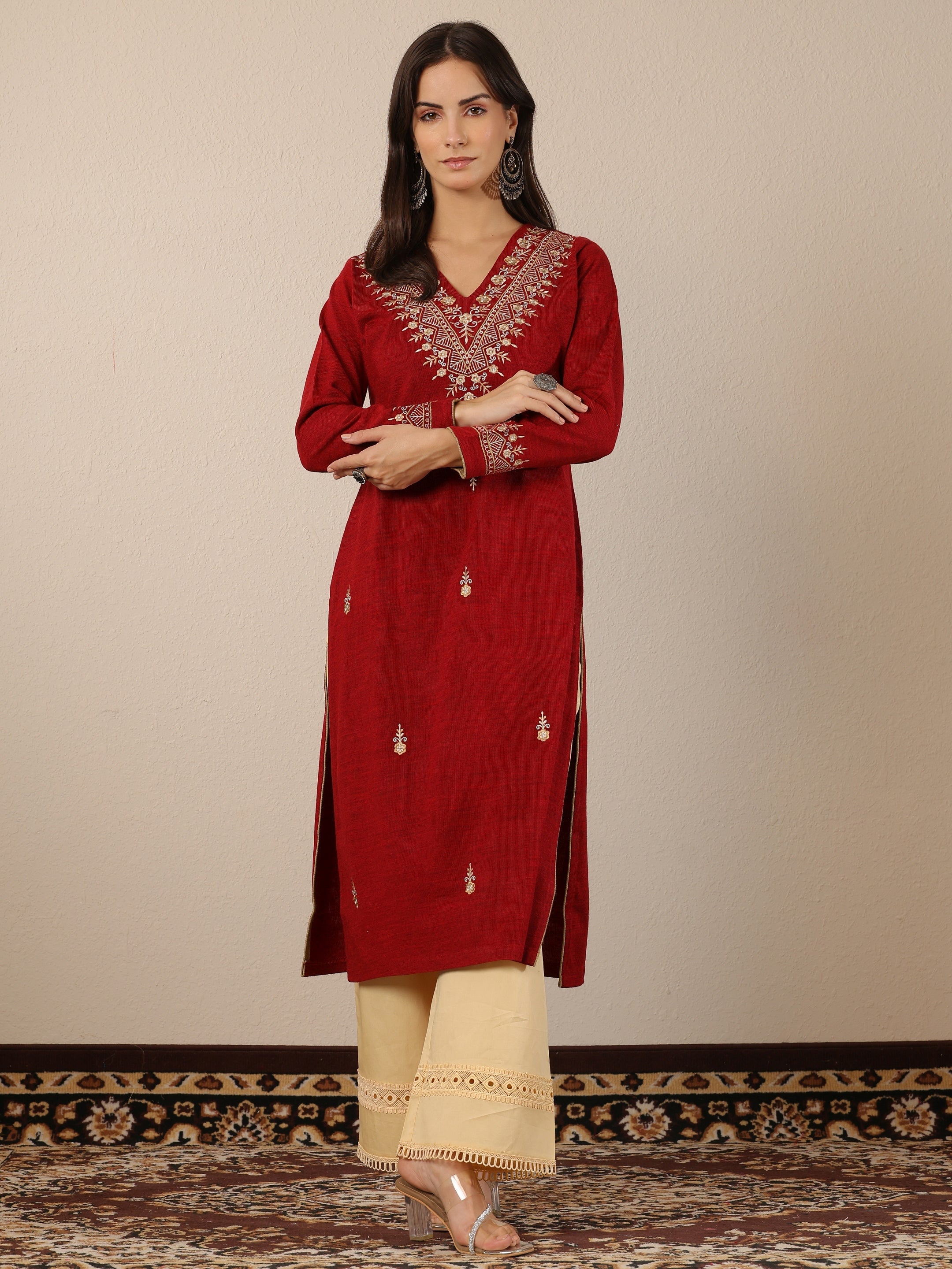 Red Embroidered Wool Straight Kurta