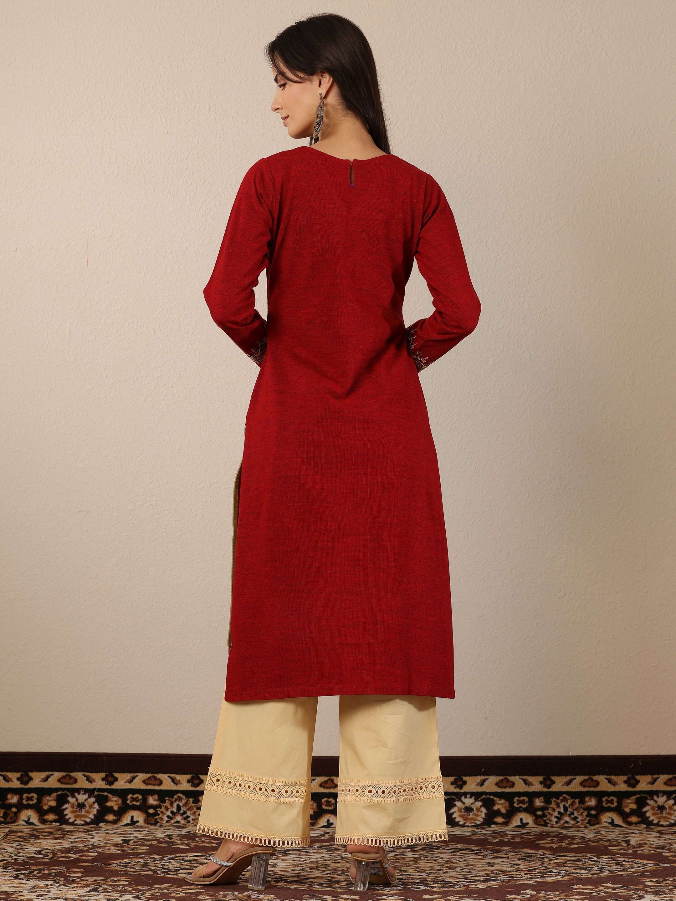 Red Embroidered Wool Straight Kurta