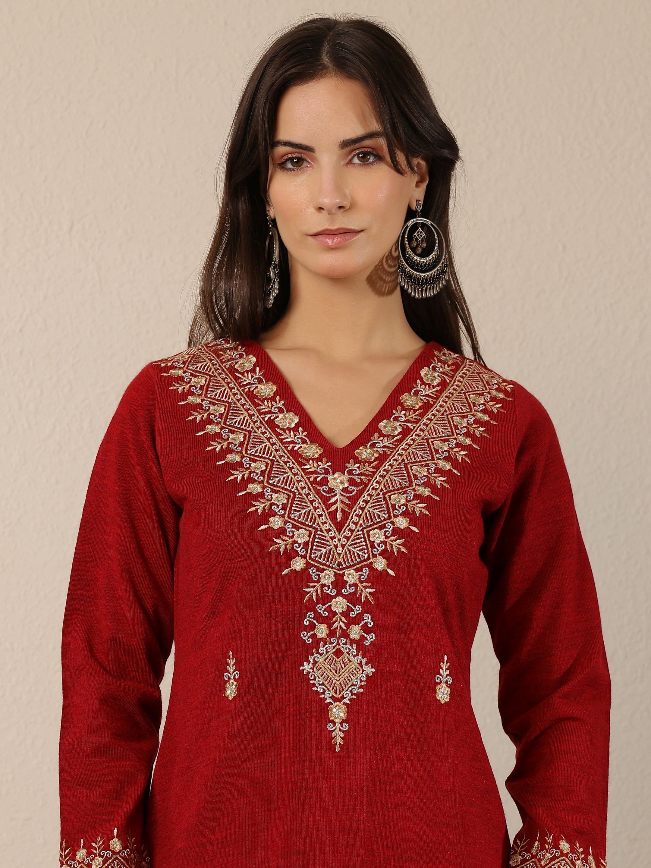 Red Embroidered Wool Straight Kurta