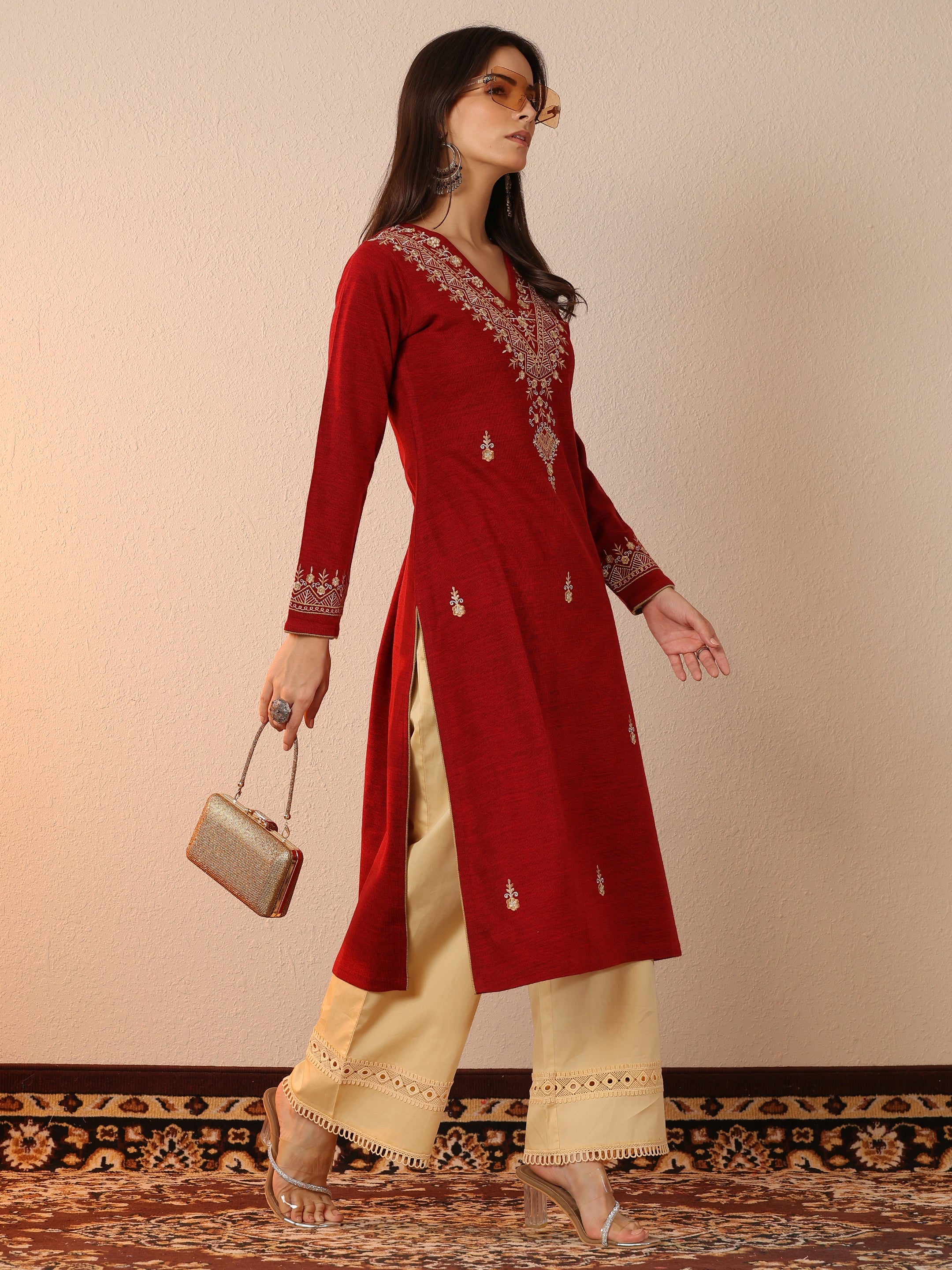 Red Embroidered Wool Straight Kurta
