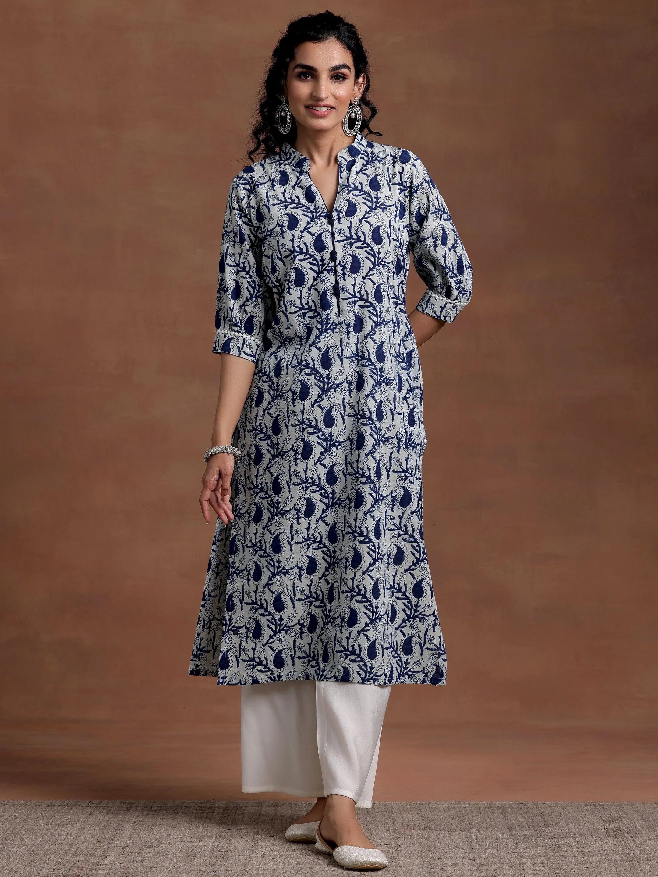 Blue Printed Cotton Straight Kurta