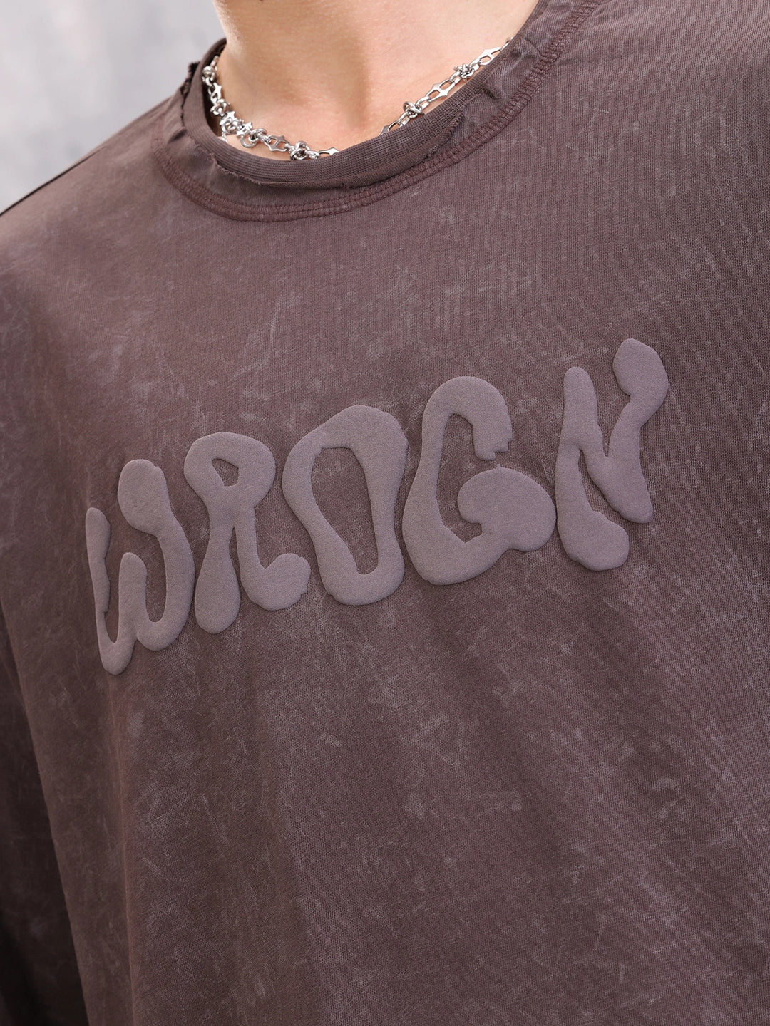 Acid Wash Puff Print Oversized Fit T-Shirt With Raw Edge Detail | Brown