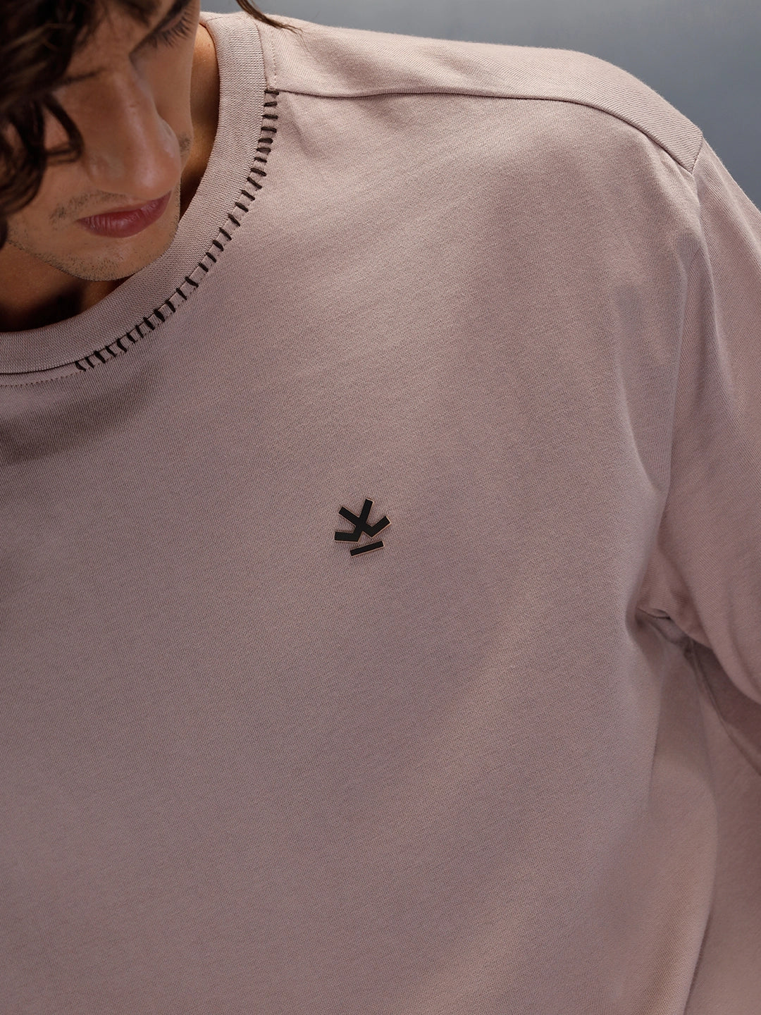 Thread-Detailed Crew Neck Oversized Tee With Back Print | Brown