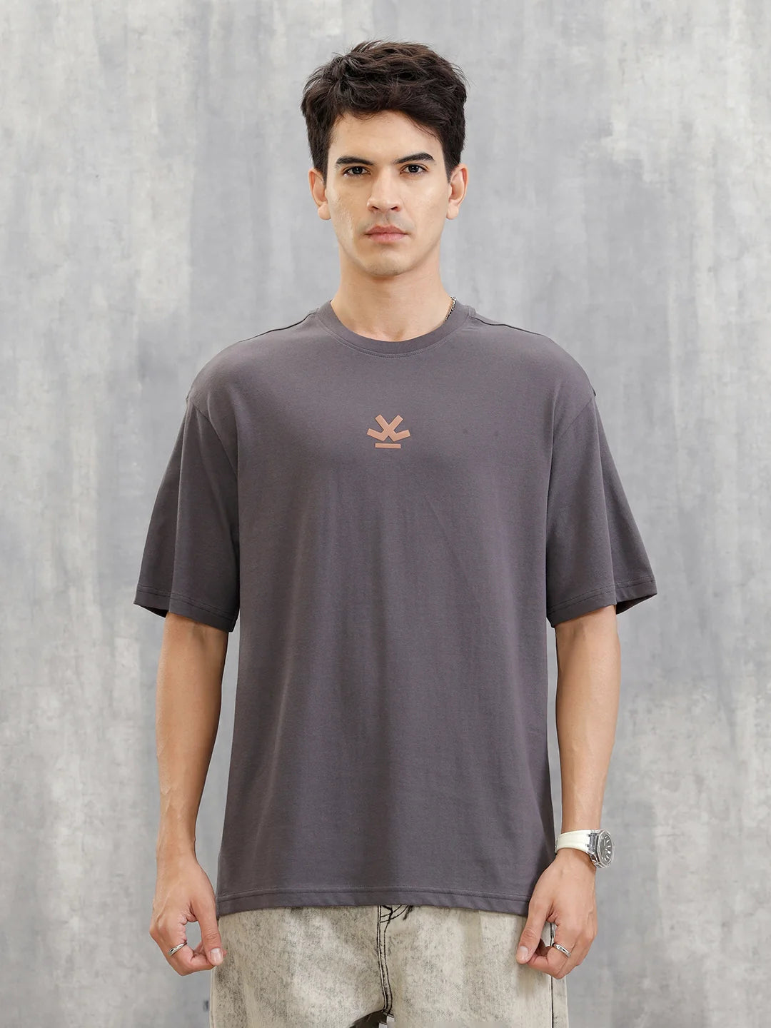Embroidered & Printed Oversized T-Shirt | Dark Grey