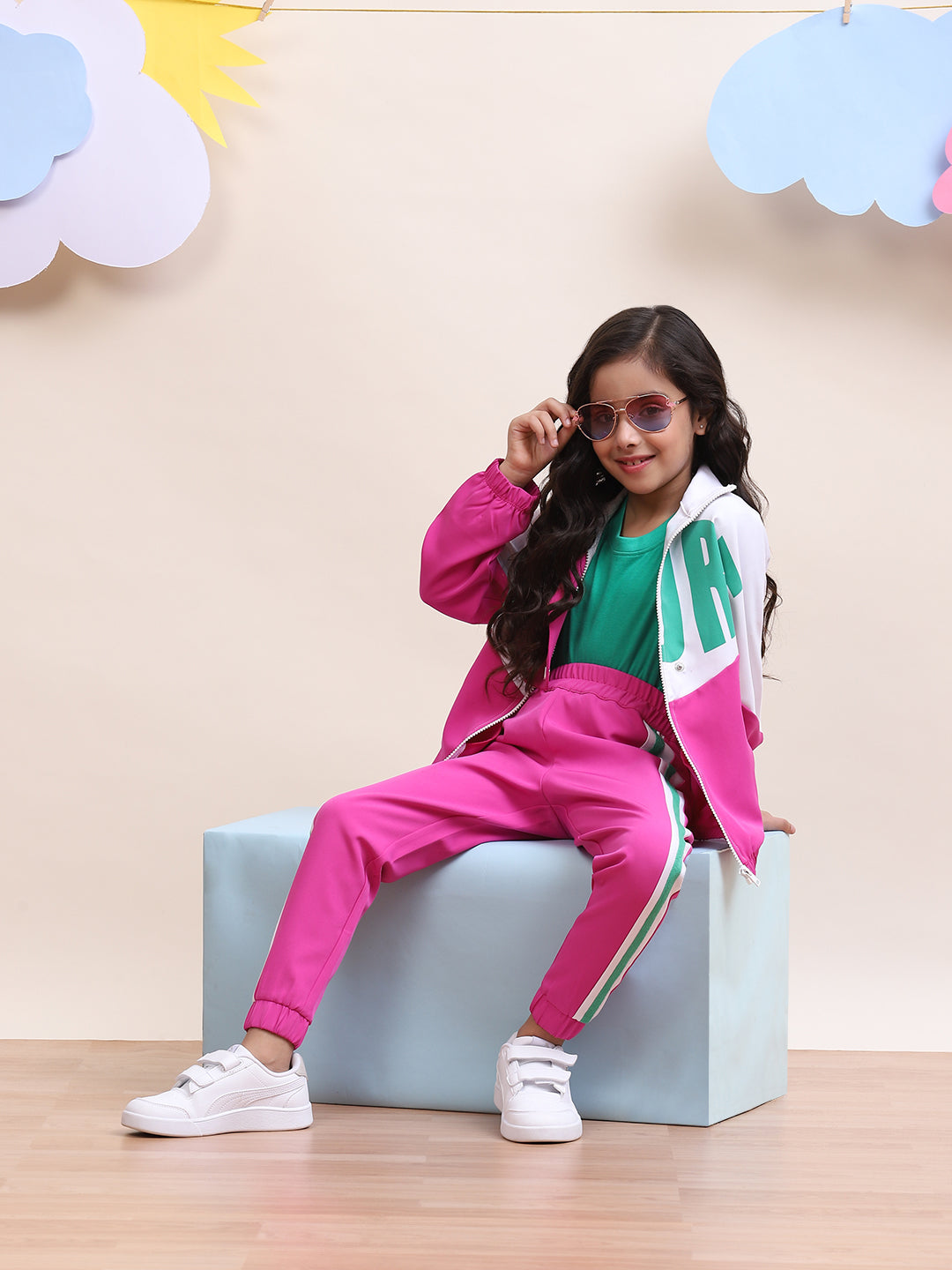 Girls Colorblock Pink & White Sport Tracksuit Set