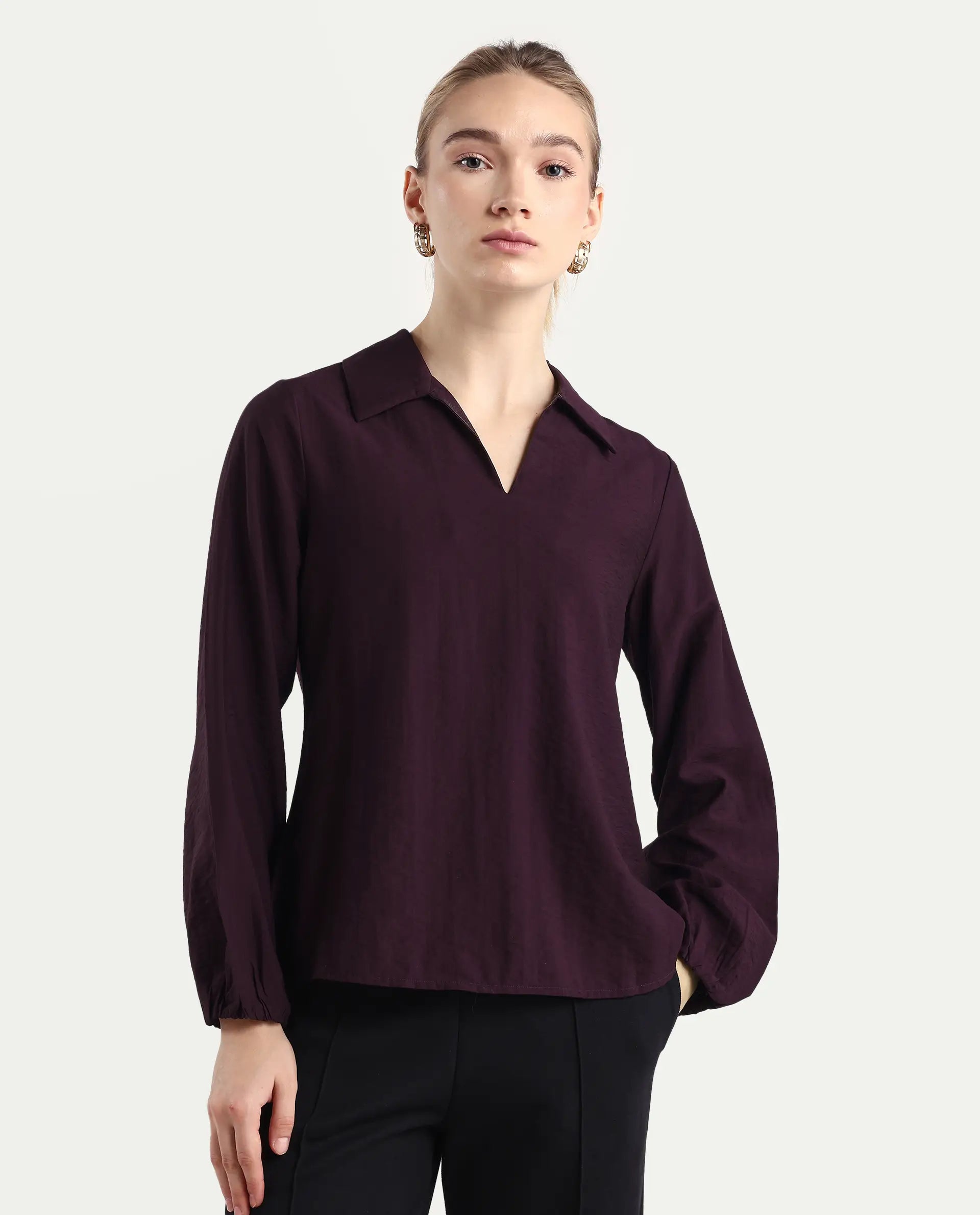 Rareism Women's Aeron Maroon Viscose Blend Full Sleeve Regular Fit Plain Top