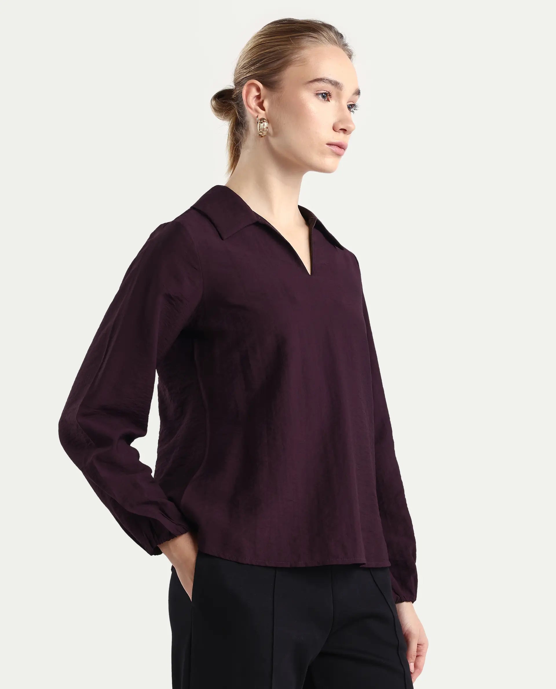 Rareism Women's Aeron Maroon Viscose Blend Full Sleeve Regular Fit Plain Top