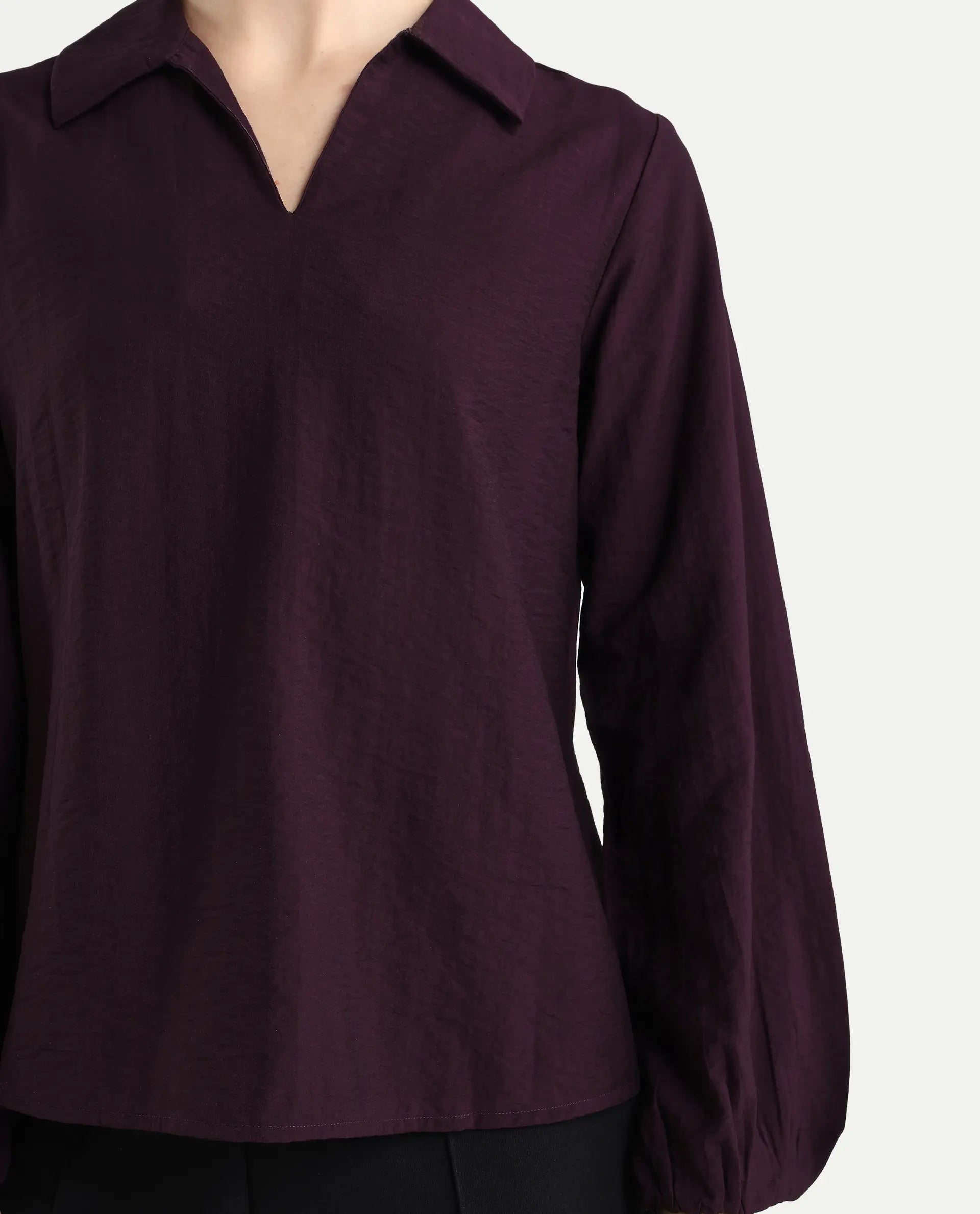 Rareism Women's Aeron Maroon Viscose Blend Full Sleeve Regular Fit Plain Top