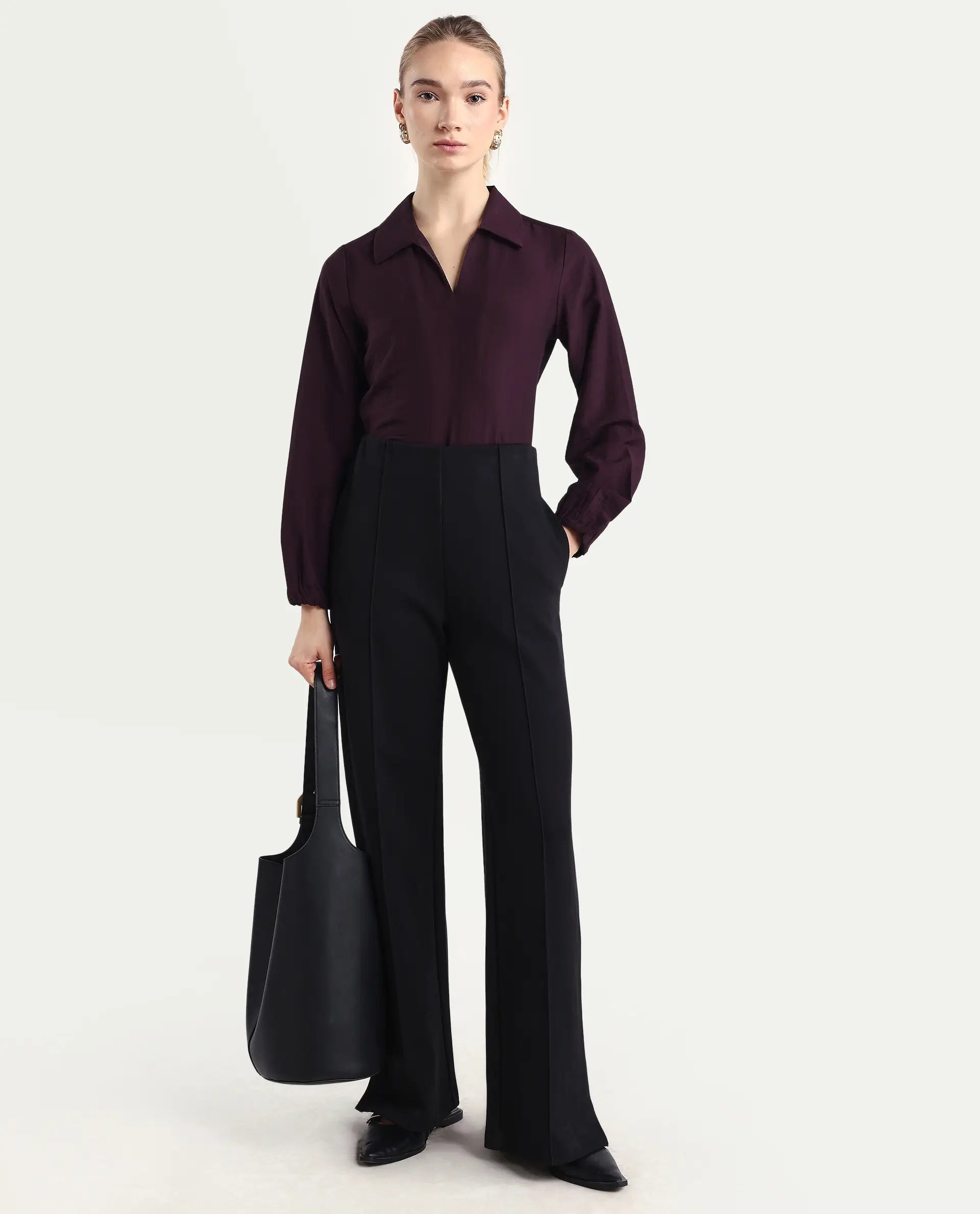 Rareism Women's Aeron Maroon Viscose Blend Full Sleeve Regular Fit Plain Top