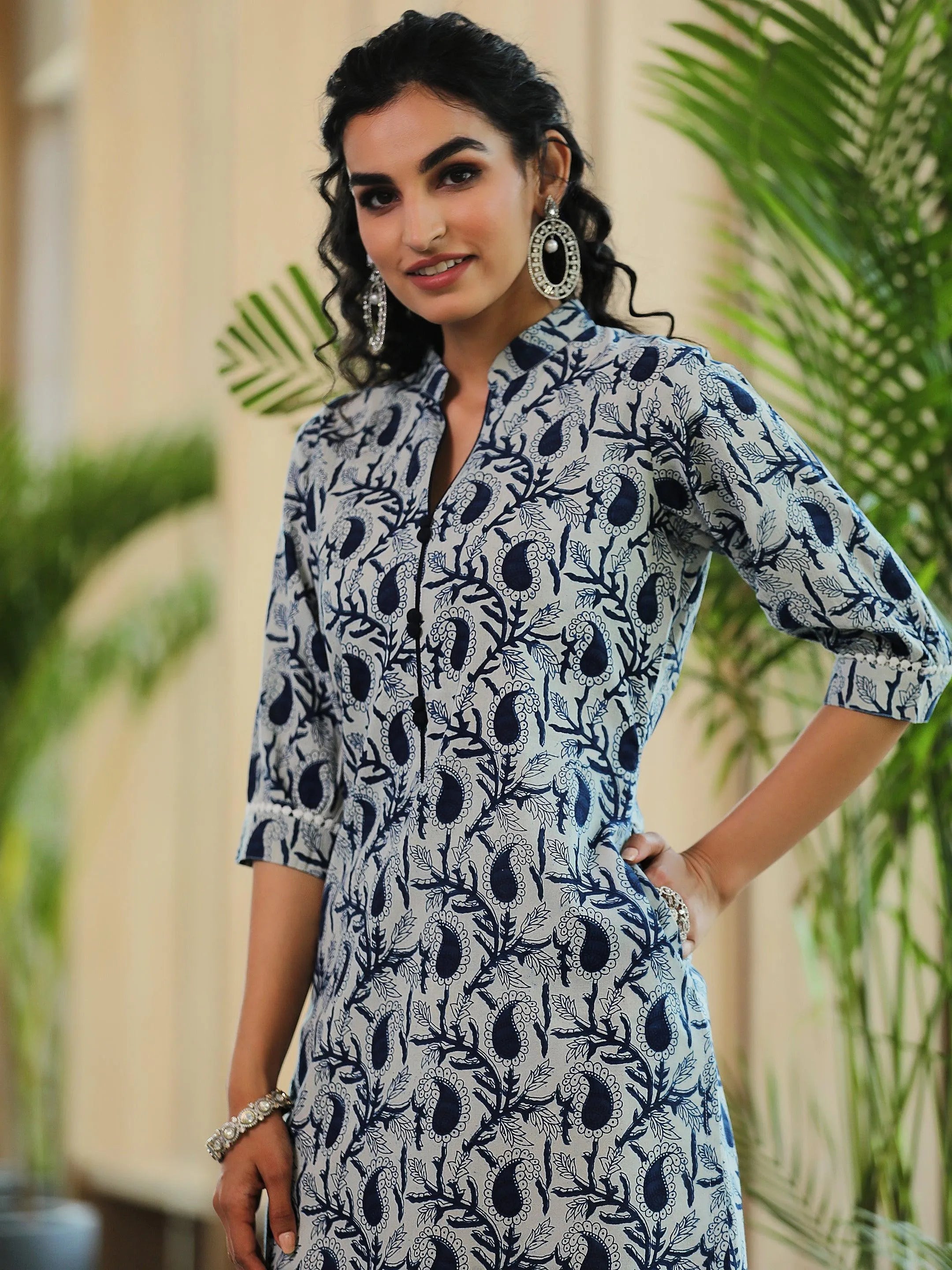 Blue Printed Cotton Straight Kurta